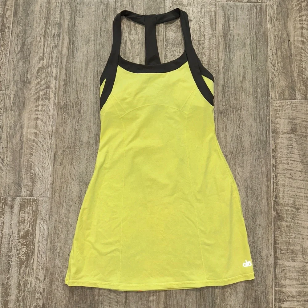 Alo Yoga Neon Yellow Grey Racerback Tennis Athletic Dress Built In Bra Small